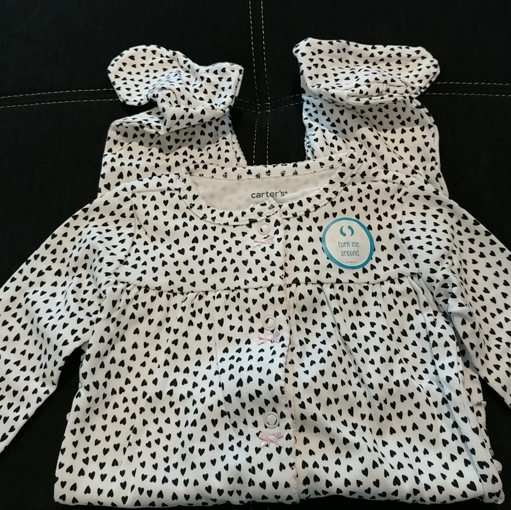 Heart Print Carter's Baby Girl Sleep & Play 9M 100% Cotton Ruffles Black & White
